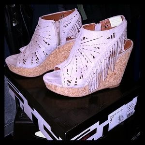 Not Rated Fringe Delight Suede 4.5" Wedges Taupe